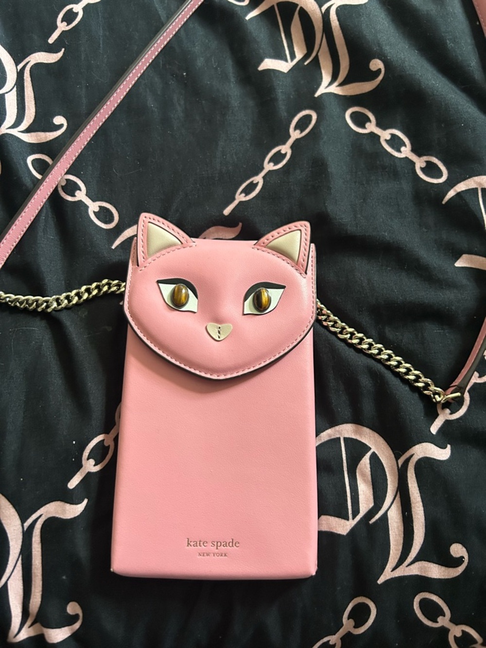 kate spade pink cat face crossbody phone pouch with gold chain